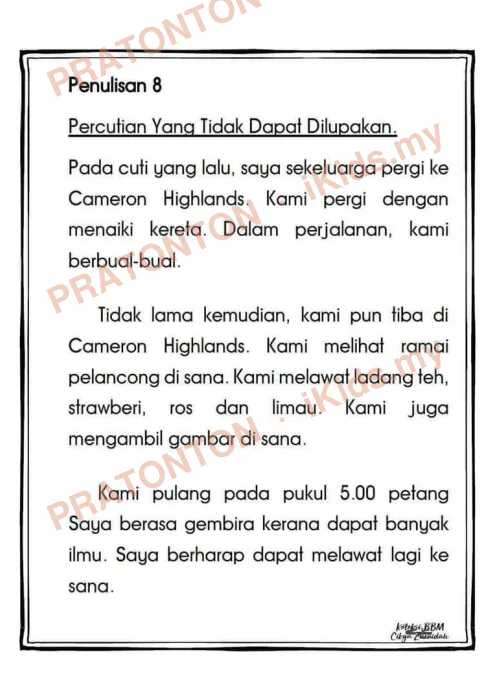 Pratonton muka 1 lembaran Koleksi Penulisan Karangan — Percutian yang Tidak Dapat Dilupakan — Bahasa Melayu Tahun 6