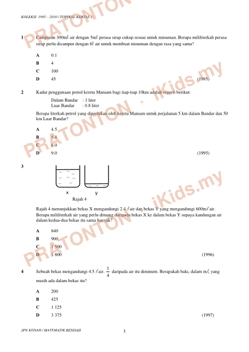 Pratonton muka 1 lembaran Koleksi Soalan Topikal Matematik — Isi Padu Cecair (UPSR 1995–2010) — Matematik Tahun 6