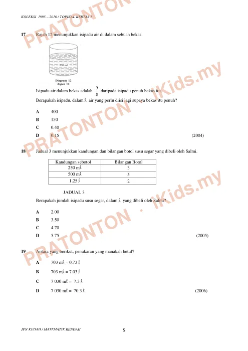Pratonton muka 5 lembaran Koleksi Soalan Topikal Matematik — Isi Padu Cecair (UPSR 1995–2010) — Matematik Tahun 6