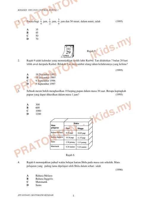 Pratonton muka 1 lembaran Koleksi Soalan Topikal Matematik — Masa dan Waktu (UPSR 1995–2010) — Matematik Tahun 6