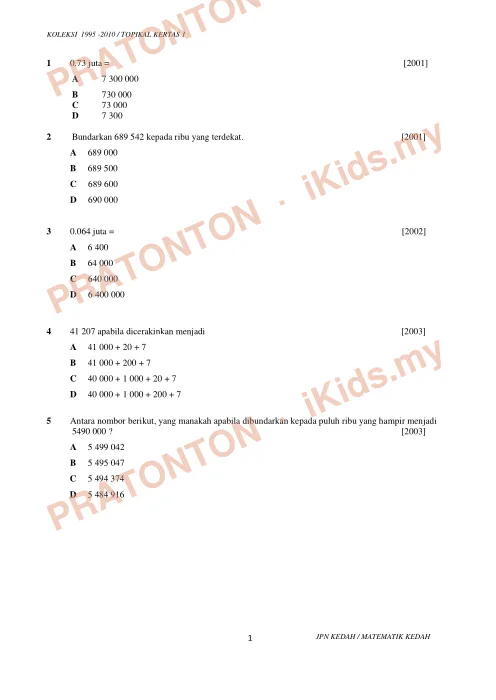 Pratonton muka 1 lembaran Koleksi Soalan Topikal Matematik — Nombor dan Operasi (UPSR 1995–2010) — Matematik Tahun 6