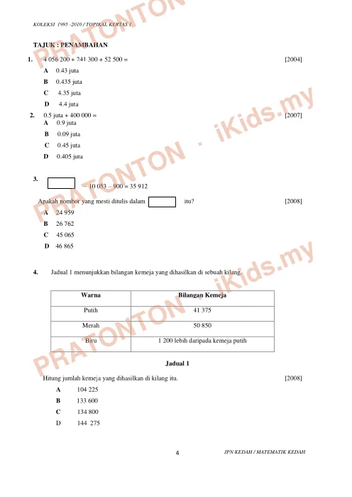 Pratonton muka 4 lembaran Koleksi Soalan Topikal Matematik — Nombor dan Operasi (UPSR 1995–2010) — Matematik Tahun 6