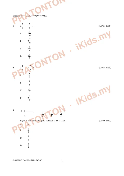 Pratonton muka 1 lembaran Koleksi Soalan Topikal Matematik — Pecahan (UPSR 1995–2010) — Matematik Tahun 6