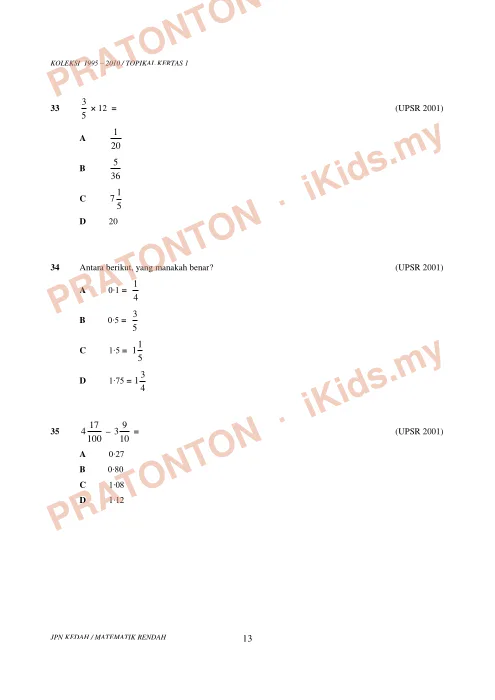Pratonton muka 13 lembaran Koleksi Soalan Topikal Matematik — Pecahan (UPSR 1995–2010) — Matematik Tahun 6