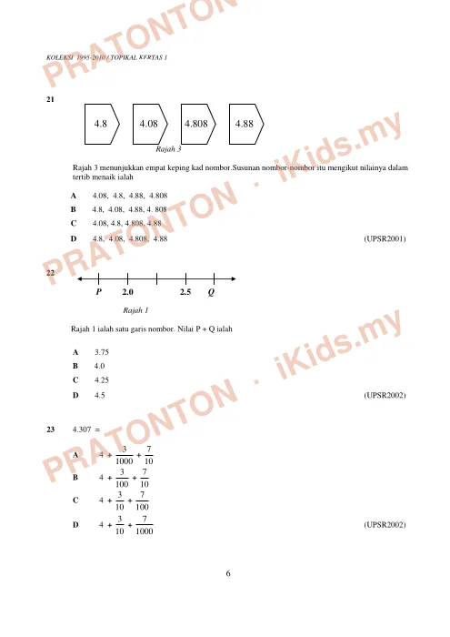 Pratonton muka 6 lembaran Koleksi Soalan Topikal Matematik — Perpuluhan (UPSR 1995–2010) — Matematik Tahun 6
