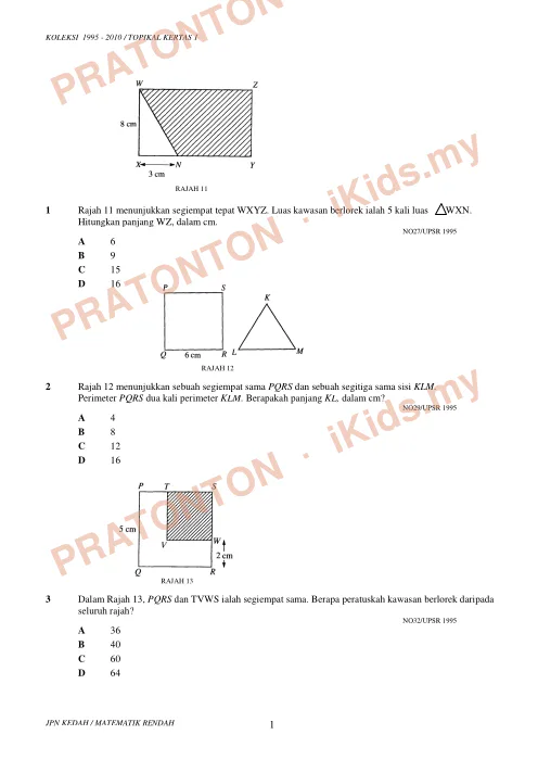 Pratonton muka 1 lembaran Koleksi Soalan Topikal Matematik — Ruang (UPSR 1995–2010) — Matematik Tahun 6