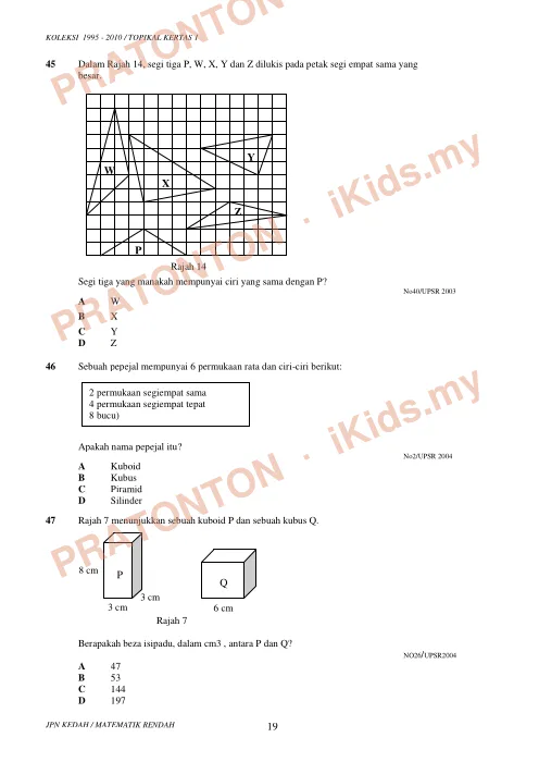 Pratonton muka 19 lembaran Koleksi Soalan Topikal Matematik — Ruang (UPSR 1995–2010) — Matematik Tahun 6