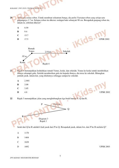 Pratonton muka 7 lembaran Koleksi Soalan Topikal Matematik — Ukuran Panjang (UPSR 1995–2010) — Matematik Tahun 6