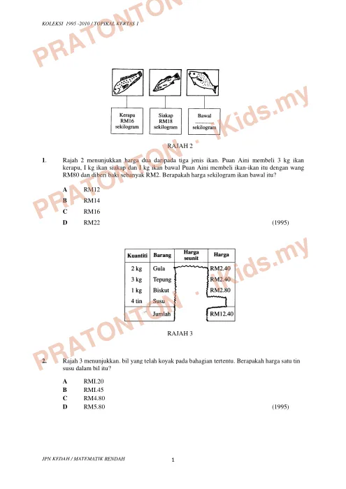 Pratonton muka 1 lembaran Koleksi Soalan Topikal Matematik — Wang (UPSR 1995–2010) — Matematik Tahun 6