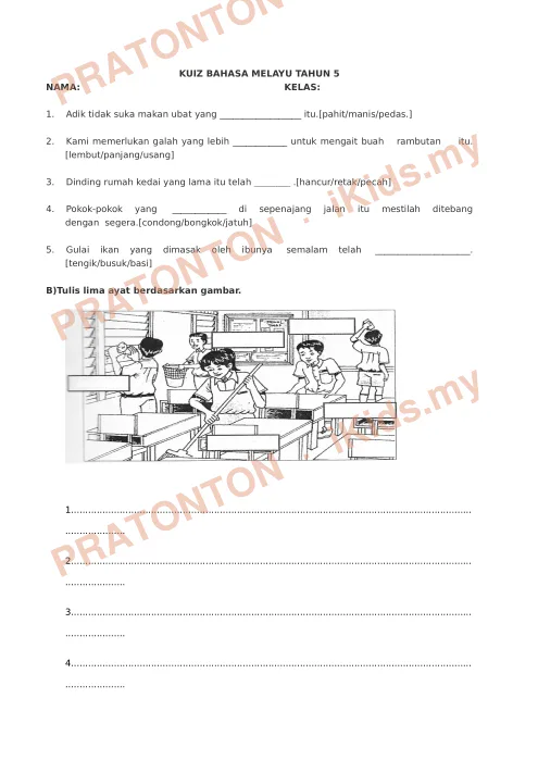 Pratonton muka 1 lembaran Kuiz Bahasa Melayu Tahun 5 — Bahasa Melayu Tahun 5