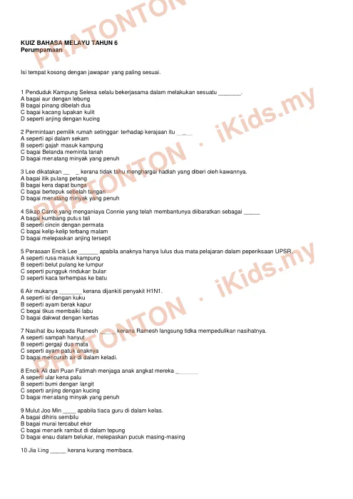 Pratonton muka 1 lembaran Kuiz Bahasa Melayu Tahun 6 — Perumpamaan — Bahasa Melayu Tahun 6