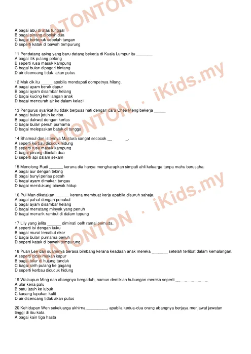 Pratonton muka 2 lembaran Kuiz Bahasa Melayu Tahun 6 — Perumpamaan — Bahasa Melayu Tahun 6