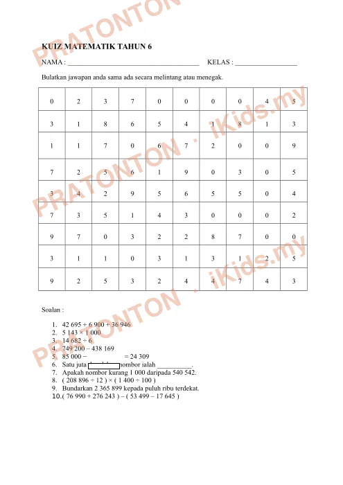 Pratonton muka 1 lembaran Kuiz Matematik Tahun 6 — Matematik Tahun 6
