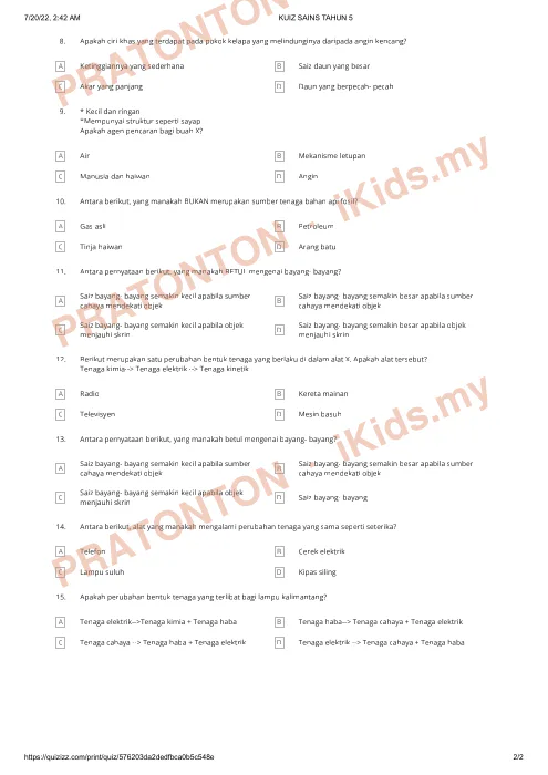 Pratonton muka 2 lembaran Kuiz Sains Tahun 5 — Sains Tahun 5