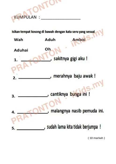 Pratonton muka 1 lembaran KUMPULAN : _________________ — Bahasa Melayu Tahun 1