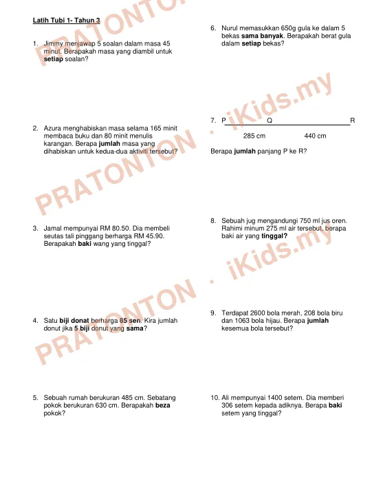 Pratonton muka 1 lembaran Latih Tubi 1- Tahun 3 — Matematik Tahun 3