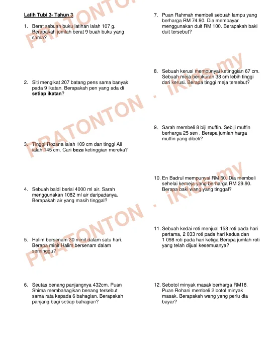 Pratonton muka 3 lembaran Latih Tubi 1- Tahun 3 — Matematik Tahun 3