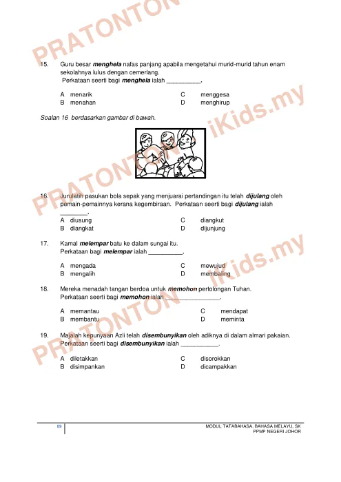 Pratonton muka 3 lembaran Latih Tubi Bahasa Melayu — Sinonim (Kata Seerti) — Bahasa Melayu Tahun 6