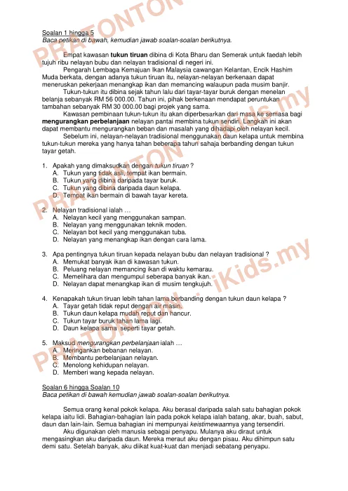 Pratonton muka 1 lembaran Latih Tubi Bahasa Melayu Tahun 5 — Modul 10: Pemahaman Petikan — Bahasa Melayu Tahun 5
