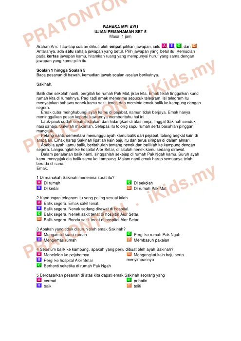 Pratonton muka 1 lembaran Latih Tubi Bahasa Melayu Tahun 5 — Ujian Pemahaman Set 5 — Bahasa Melayu Tahun 5