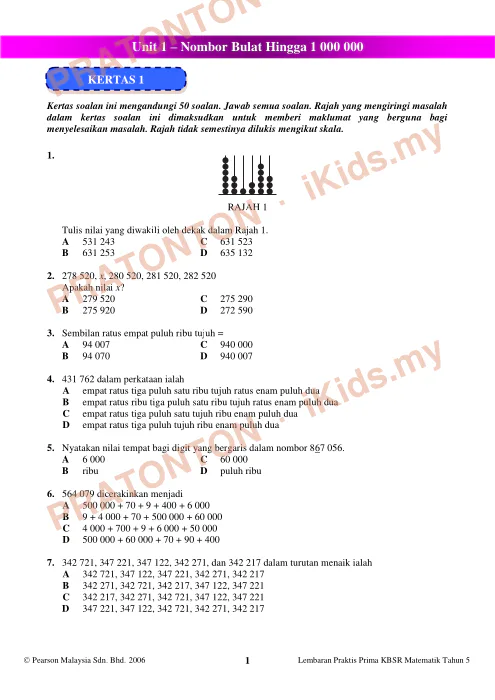 Pratonton muka 1 lembaran Latih Tubi Matematik Tahun 5 — Cuti Bulan Mac (Set 1) — Matematik Tahun 5