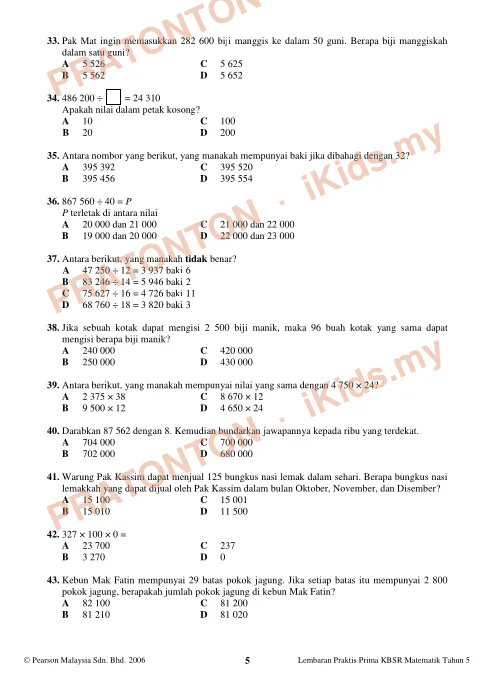 Pratonton muka 5 lembaran Latih Tubi Matematik Tahun 5 — Cuti Bulan Mac (Set 1) — Matematik Tahun 5