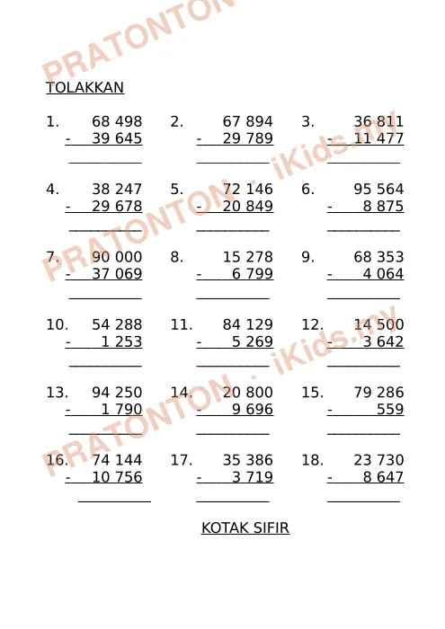 Pratonton muka 1 lembaran Latih Tubi Matematik Tahun 5 — Modul 4: Penolakan — Matematik Tahun 5