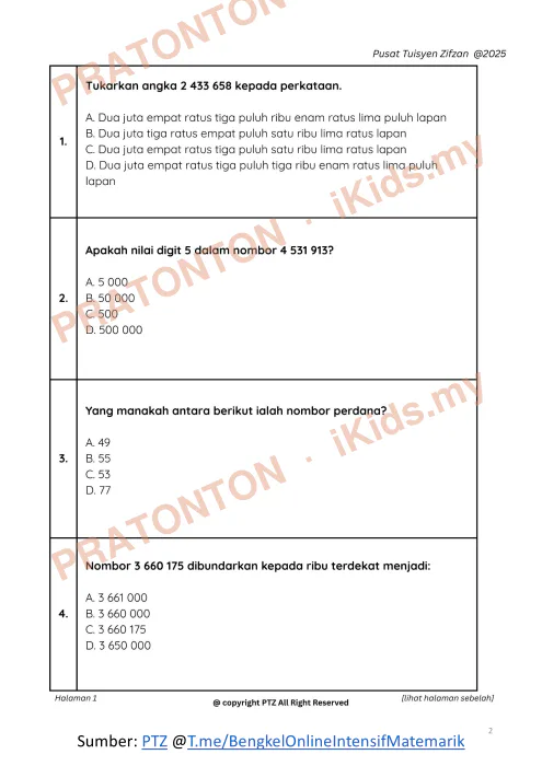Pratonton muka 2 lembaran Latih Tubi Matematik Tahun 6 — Soalan 1 hingga 12 — Matematik Tahun 6