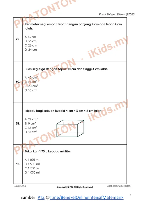 Pratonton muka 1 lembaran Latih Tubi Matematik Tahun 6 — Soalan 29 hingga 44 — Matematik Tahun 6