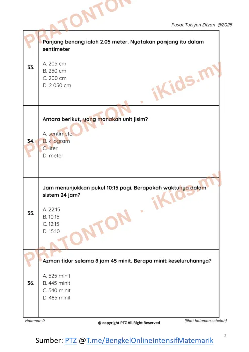 Pratonton muka 2 lembaran Latih Tubi Matematik Tahun 6 — Soalan 29 hingga 44 — Matematik Tahun 6
