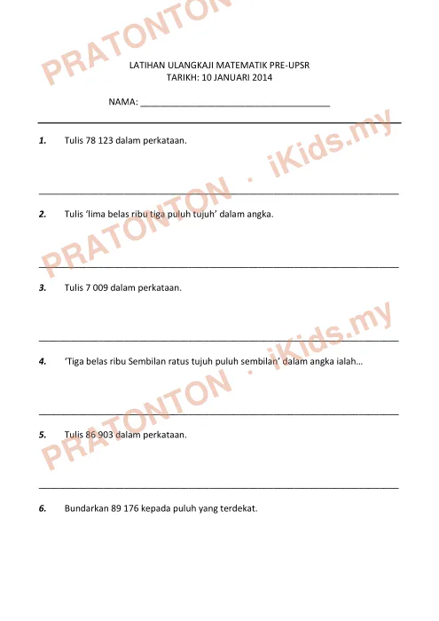 Pratonton muka 1 lembaran Latih Tubi Matematik — Modul 1 — Matematik Tahun 6