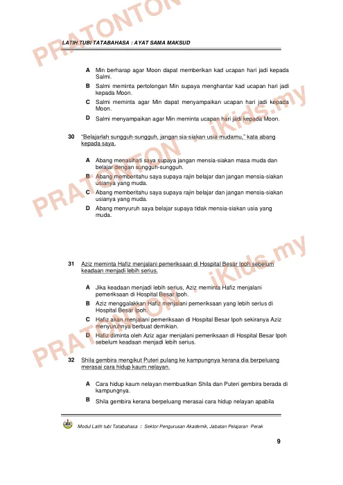 Pratonton muka 9 lembaran Latih Tubi Tatabahasa — Ayat Sama Maksud — Bahasa Melayu Tahun 6