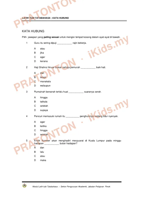Pratonton muka 1 lembaran Latih Tubi Tatabahasa — Kata Hubung — Bahasa Melayu Tahun 6