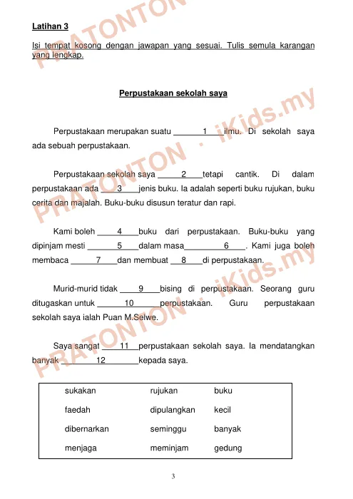 Pratonton muka 3 lembaran Latihan 1 — Bahasa Melayu Tahun 1