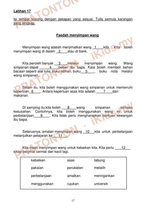 Pratonton muka 17 lembaran Latihan 1 — Bahasa Melayu Tahun 1
