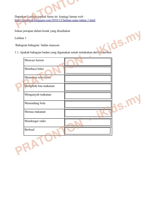 Pratonton muka 1 lembaran Latihan 1 — Sains Tahun 1