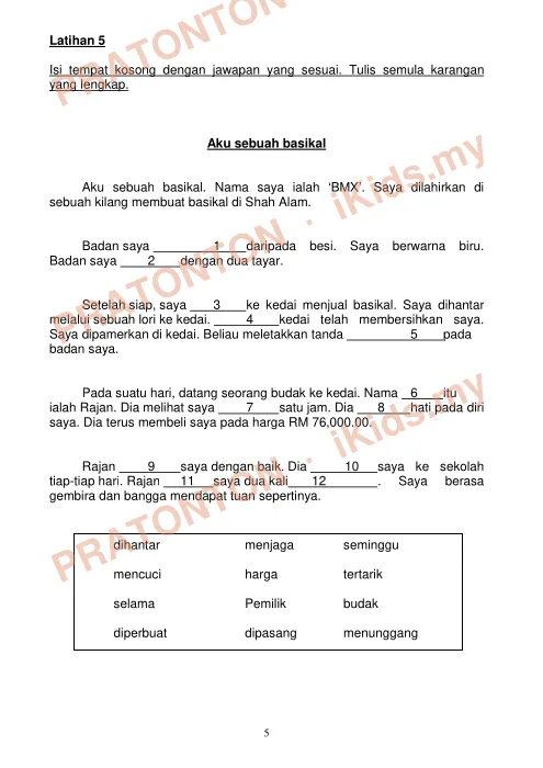 Pratonton muka 1 lembaran Latihan 5 — Bahasa Melayu Tahun 1