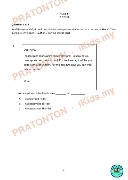 Pratonton muka 1 lembaran Latihan Bahasa Inggeris Pemahaman — Bahagian 1 — Bahasa Inggeris Tahun 6