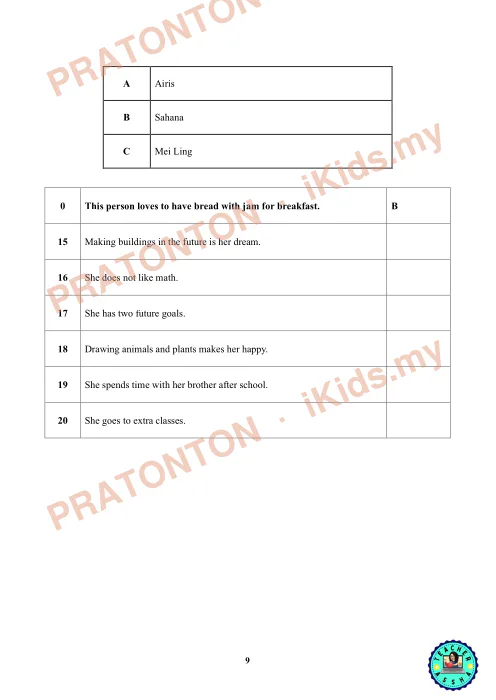 Pratonton muka 8 lembaran Latihan Bahasa Inggeris Pemahaman — Bahagian 1 — Bahasa Inggeris Tahun 6