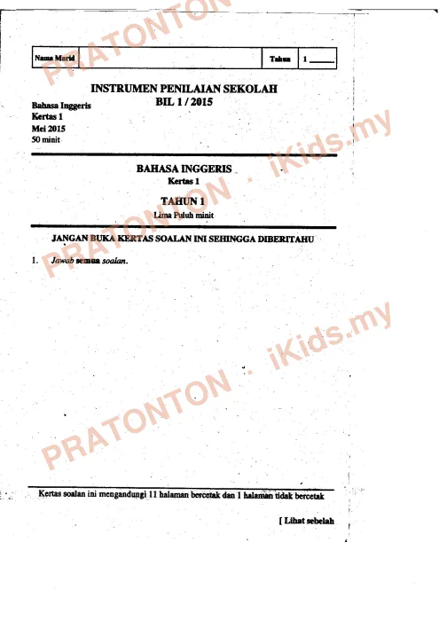 Pratonton muka 1 lembaran Latihan Bahasa Inggeris Tahun 1 — Bahasa Inggeris Tahun 1
