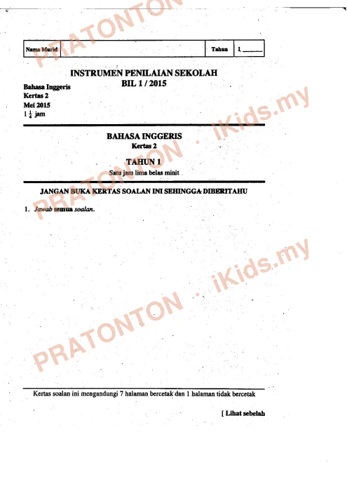 Pratonton muka 1 lembaran Latihan Bahasa Inggeris Tahun 1 — Bahasa Inggeris Tahun 1