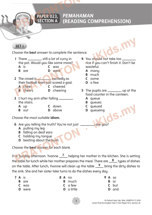 Pratonton muka 1 lembaran Latihan Bahasa Inggeris Tahun 5 — Pemahaman Bahagian A (Kertas 023) — Bahasa Inggeris Tahun 5