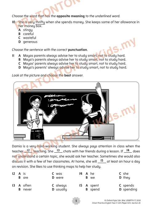 Pratonton muka 5 lembaran Latihan Bahasa Inggeris Tahun 5 — Pemahaman Bahagian A (Kertas 023) — Bahasa Inggeris Tahun 5