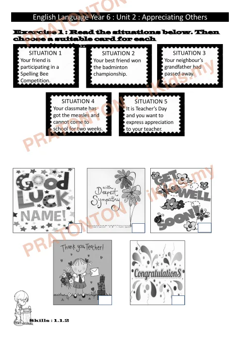 Pratonton muka 1 lembaran Latihan Bahasa Inggeris Tahun 6 — Unit 2: Appreciating Others (Kad Ucapan) — Bahasa Inggeris Tahun 6
