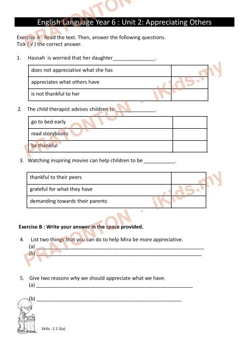 Pratonton muka 1 lembaran Latihan Bahasa Inggeris Tahun 6 — Unit 2: Appreciating Others (Kefahaman) — Bahasa Inggeris Tahun 6