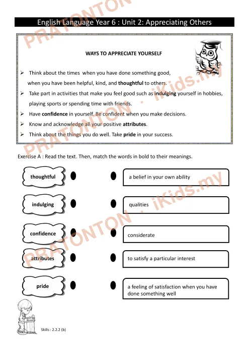 Pratonton muka 1 lembaran Latihan Bahasa Inggeris Tahun 6 — Unit 2: Appreciating Others (Menghargai Diri) — Bahasa Inggeris Tahun 6