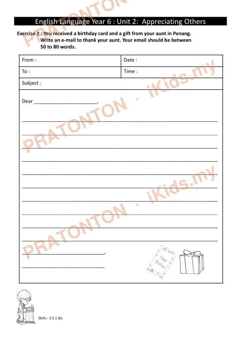 Pratonton muka 1 lembaran Latihan Bahasa Inggeris Tahun 6 — Unit 2: Appreciating Others (Menulis E-mel) — Bahasa Inggeris Tahun 6