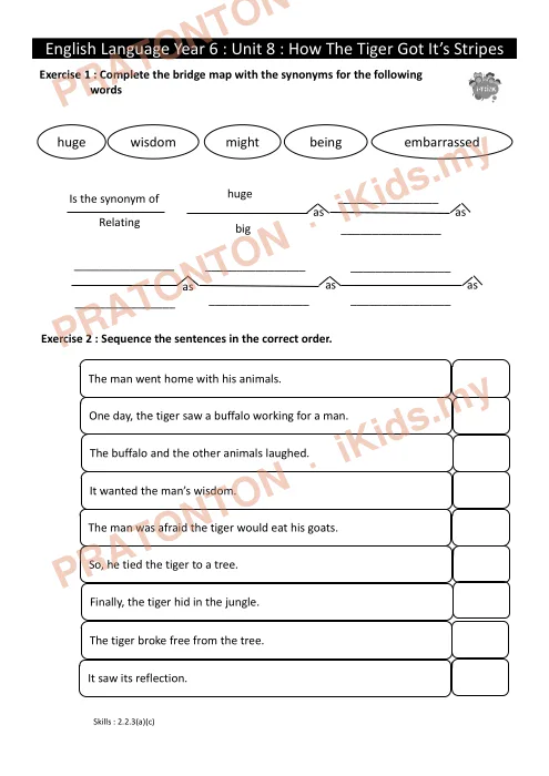 Pratonton muka 1 lembaran Latihan Bahasa Inggeris Tahun 6 — Unit 8: How The Tiger Got Its Stripes — Bahasa Inggeris Tahun 6