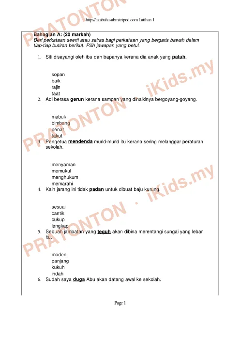 Pratonton muka 1 lembaran Latihan Bahasa Melayu — Bahasa Melayu Tahun 3