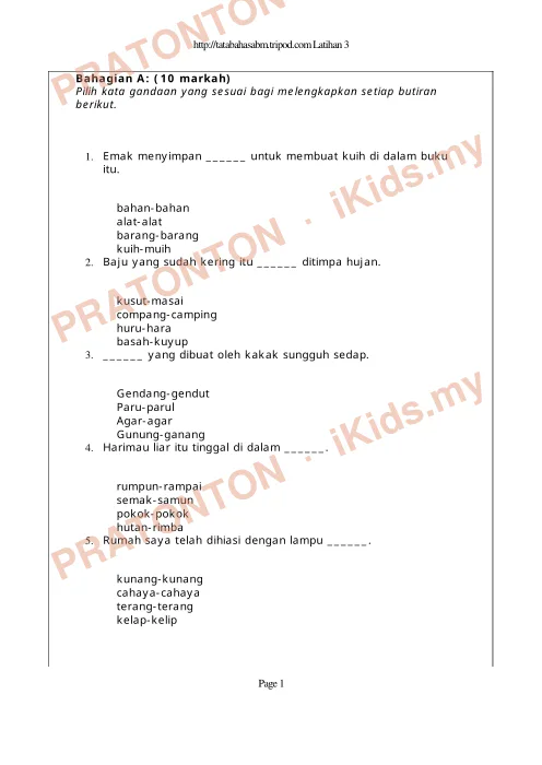 Pratonton muka 1 lembaran Latihan Bahasa Melayu — Bahasa Melayu Tahun 3